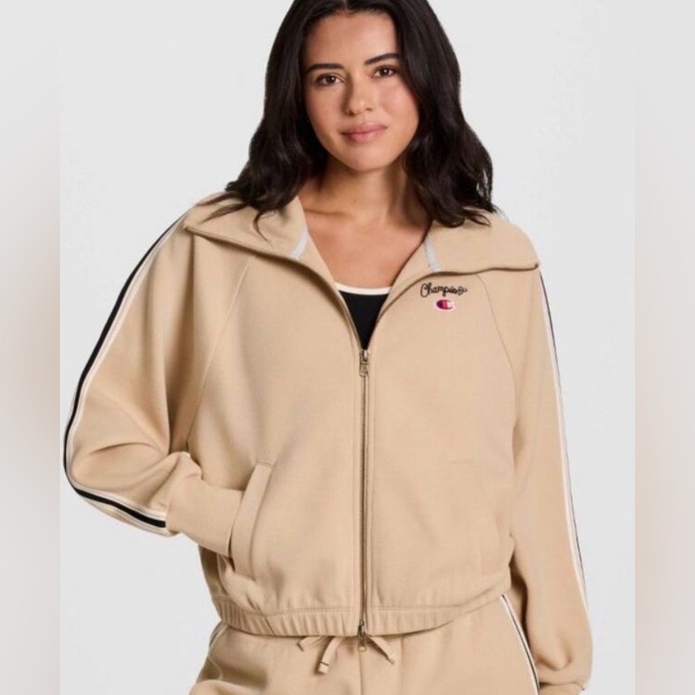 Champion Tan Zip Front Track Jacket with Black & White Piping